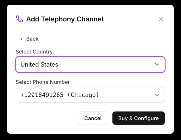 Select country and phone number